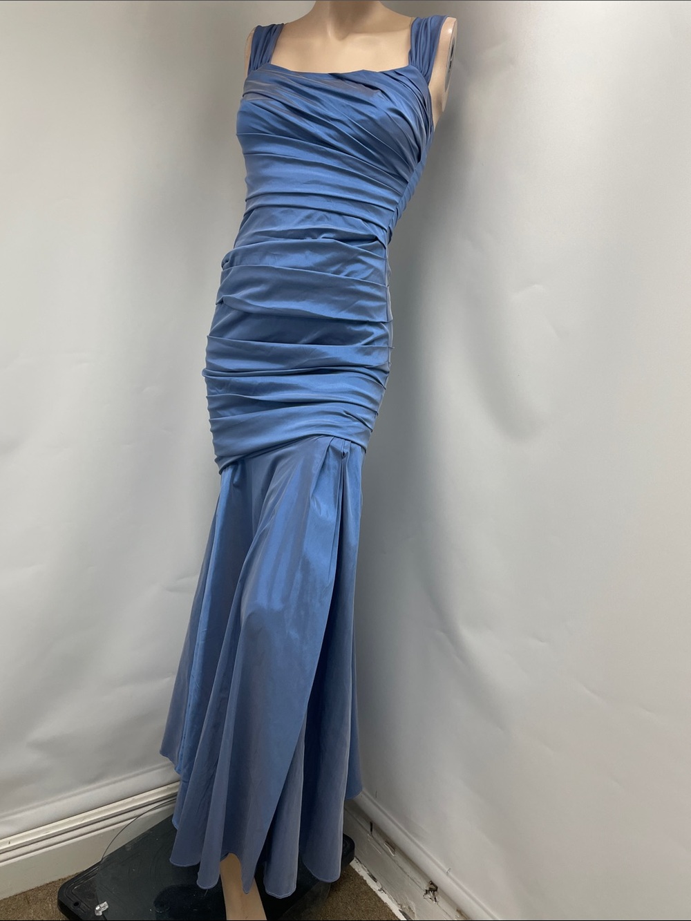 Theia Dusty Blue Ruched Satin Mermaid Maxi Dress